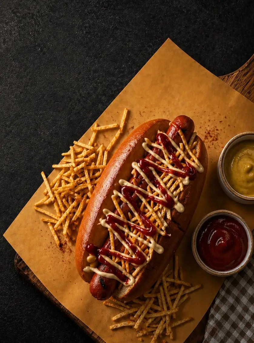 Loaded hot dog with fries
