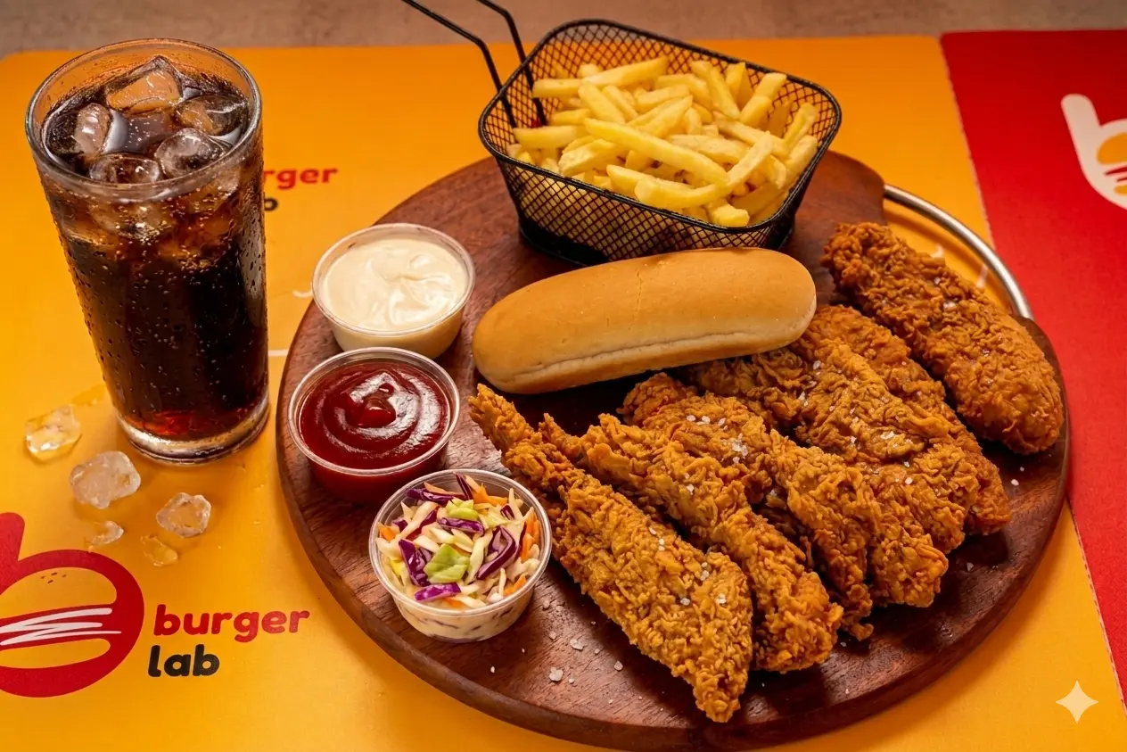 Chicken tenders, fries and a hot dog