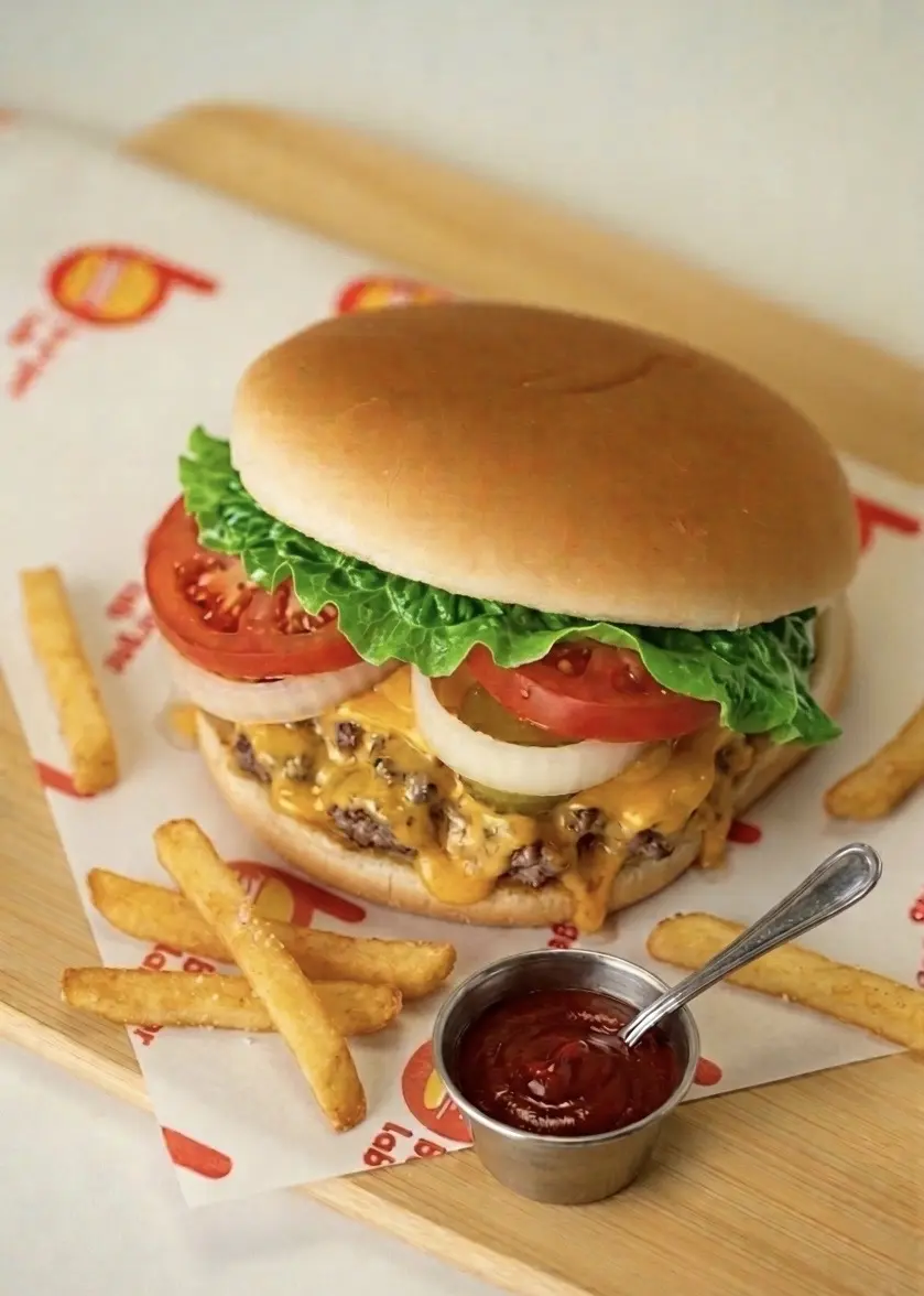 Burger with fresh vegetables, cheese and signature sauce