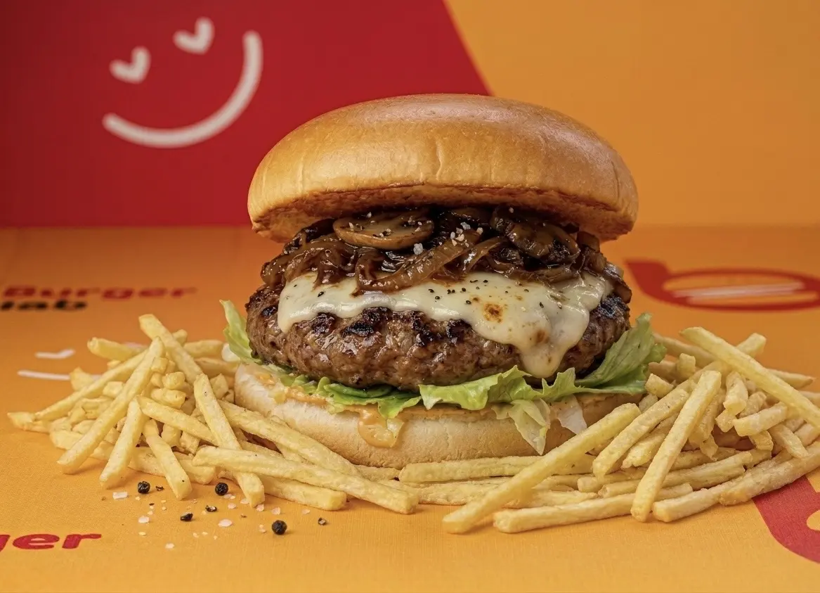 Burger Lab signature beef burger with cheese, mushrooms and golden fries