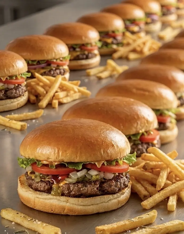 Freshly prepared burgers lined up with fries